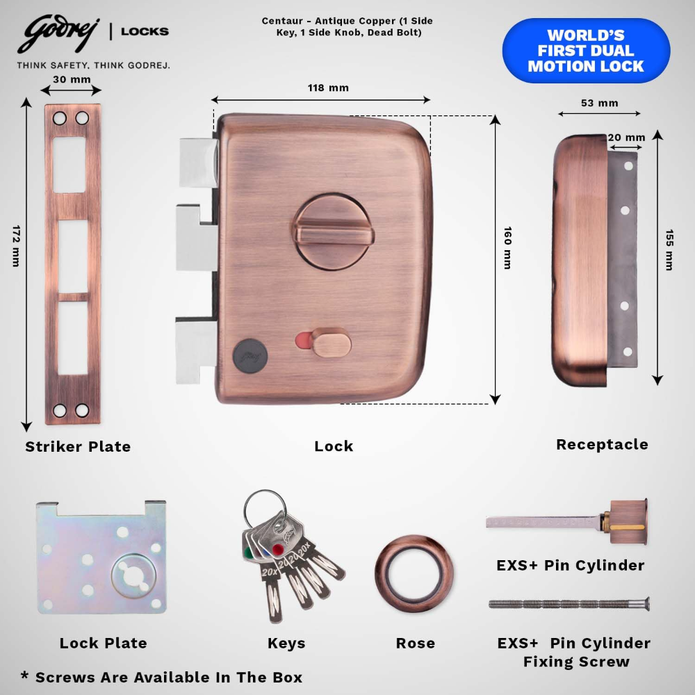Godrej Rim Lock I Centaur Exs plus I 1Ck Deadbolt I For Home Main Door I For Inside or Outside Opening Door  and Left or Right Handed Doors I 4 Keys I 15 Years WarrantyIManual Locking I Antique Copper Finish